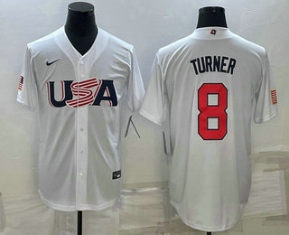 Men%27s USA Baseball #8 Trea Turner 2023 White World Baseball Classic Stitched Jersey